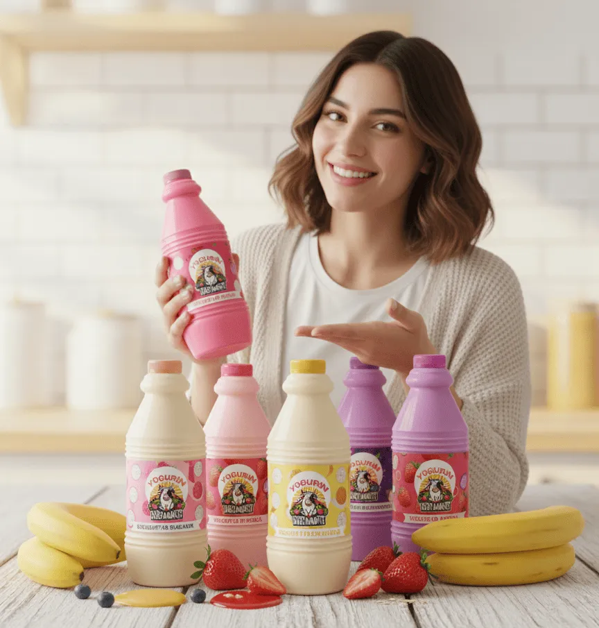 Botellas de yogurt Yogurin en una cocina luminosa